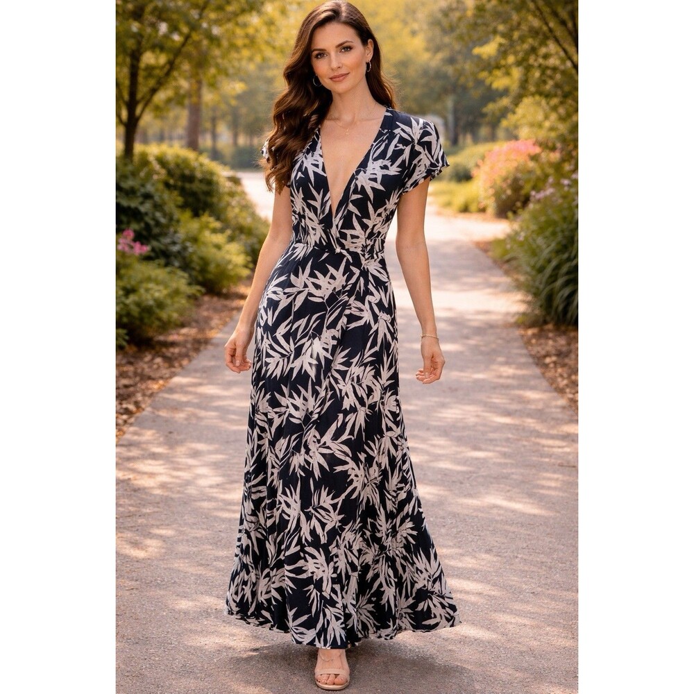 Amuse Society Provence Navy Blue White Print Wrap Maxi Dress Womens Size X-Small